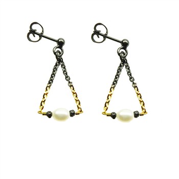 Earrings 925/585 - Oxidised w.Pearls & Black Diamonds Pr.par, von San - Links of Joy