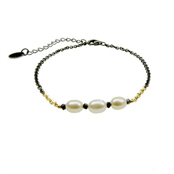 Bracelet & Necklace 925/585 - Oxidised w.Pearls & Black Diamonds 42+8cm, von San - Links of Joy