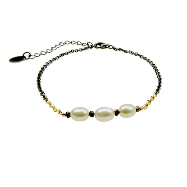 Bracelet & Necklace 925/585 - Oxidised w.Pearls & Black Diamonds 18+4cm, von San - Links of Joy
