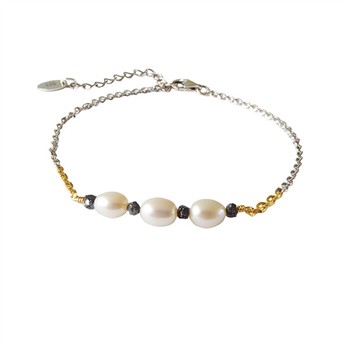 Bracelet & Necklace 925/585 -Rhodium w. Pearls & Black Diamonds 16+4cm, von San - Links of Joy