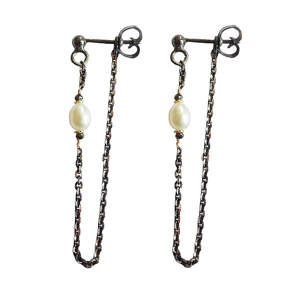 Earrings 925/585 - Black Rhodium w.Pearls & Black Diamonds Pr.par, von San - Links of Joy