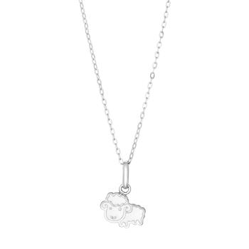 Halskette mit Schaf-Anhänger aus Silber an einer Kette mit ovalen Gliedern, klare Details sichtbar.