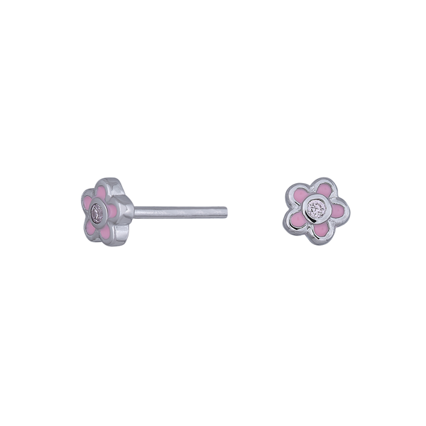 Rhod. Silberner Ohrstecker Blume mit rosa Emaille +cz, von Noa Kids