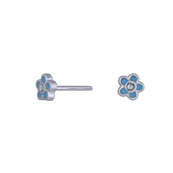 Rhod. Silberner Ohrstecker Blume mit hellblauer Emaille +cz, von Noa Kids