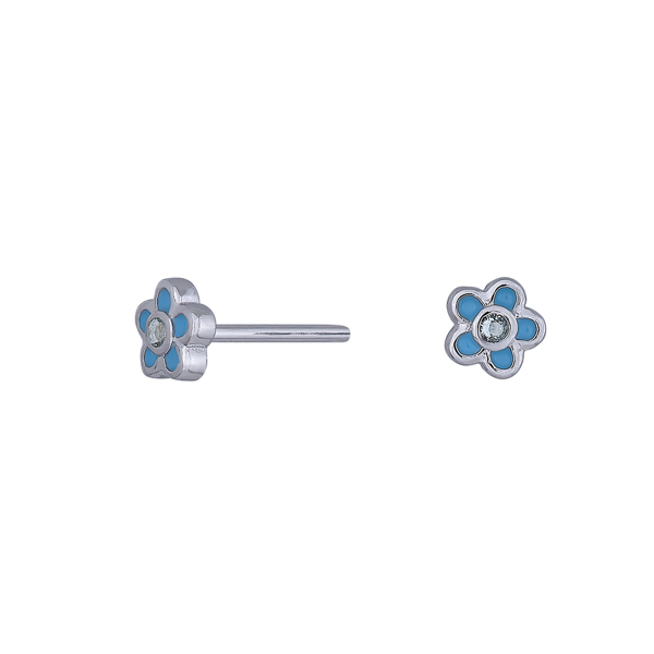 Rhod. Silberner Ohrstecker Blume mit hellblauer Emaille +cz, von Noa Kids