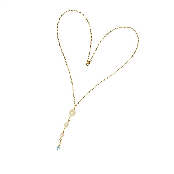 Elegante Herz-Halskette mit goldener Kette, Süßwasserperlen und blauem Topas-Anhänger.