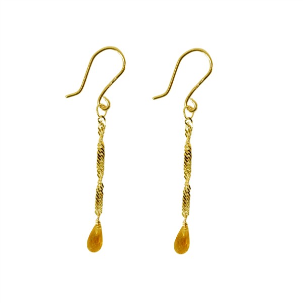 Elegante goldene Ohrringe mit gedrehtem Design und tropfenförmigem Citrin-Stein.