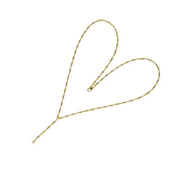 Goldene Halskette in Herzform mit geflochtenem Design, Perle an einem Ende, Verschluss am anderen.