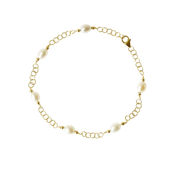 Feines Armband mit 5 Süßwasserperlen, goldenen Kettengliedern und Karabinerverschluss.