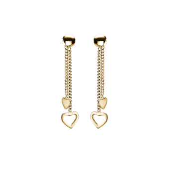 Runde Stecker, zwei Ketten, herzförmige Anhänger unten. Goldene Farbe.