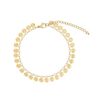 Goldene Fußkette mit kleinen runden Anhängern und verstellbarer Verlängerungskette.