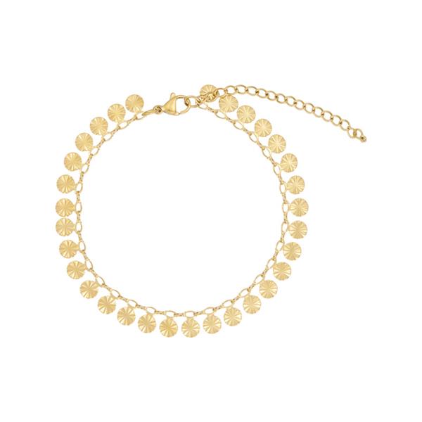 Goldene Fußkette mit kleinen runden Anhängern und verstellbarer Verlängerungskette.