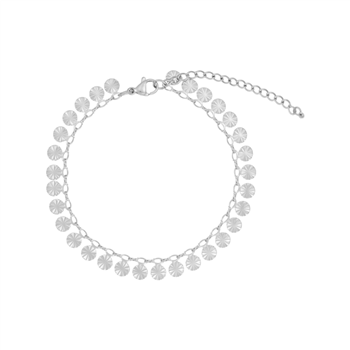Knöchelschmuck aus Stahl mit flachen, runden Anhängern an einer Kette, die sich um den Knöchel legt.