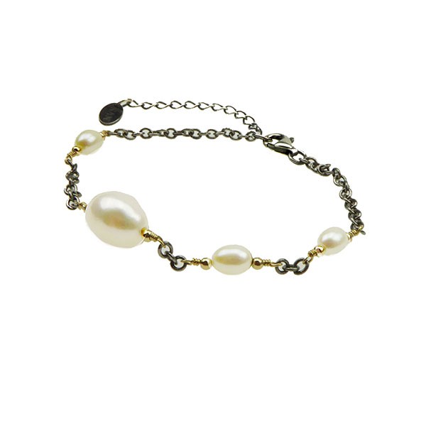 Armbånd & halskæde - oxyderet/forgyldt m.Ferskvandsperler 16+4cm, von San - Links of Joy
