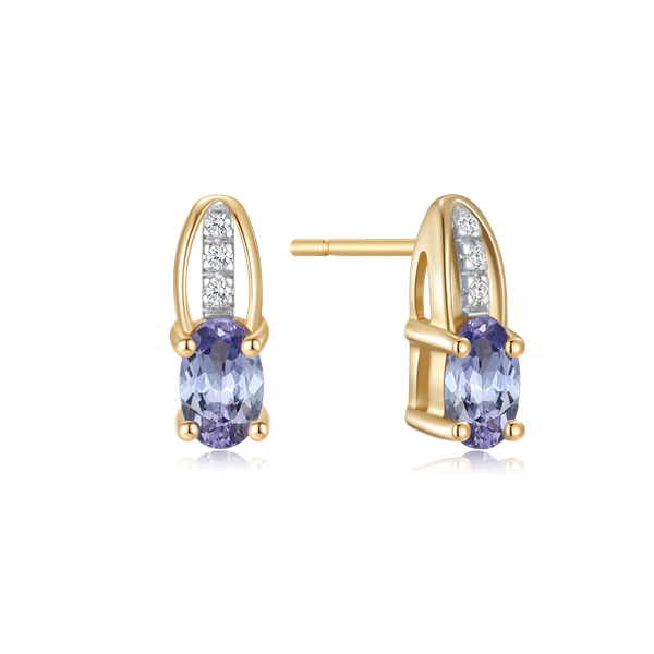 Goldene Ohrringe mit ovalem lila Edelstein, klaren Steinen oben, Stecker-Verschluss. Von Støvring.