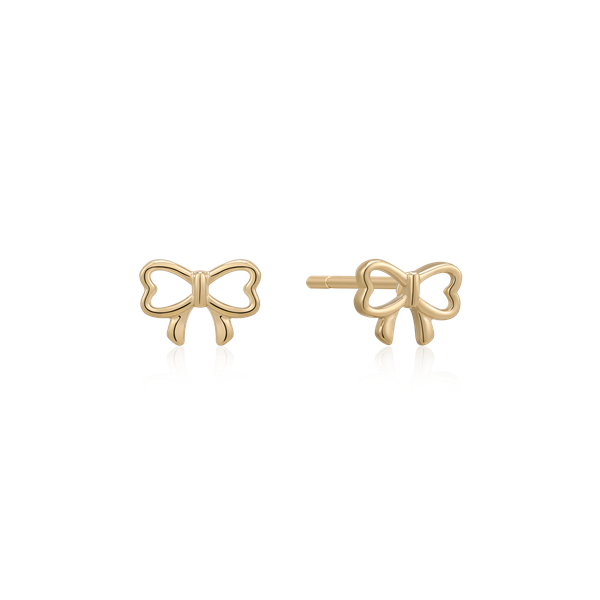 Goldene Ohrringe in Schleifenform mit zentralem Knoten, metallisch glänzend, symmetrisches Design.