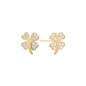 Goldene Ohrringe in Kleeblattform mit glatter Oberfläche und kleinen, runden Steinen verziert.