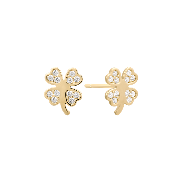 Goldene Ohrringe in Kleeblattform mit glatter Oberfläche und kleinen, runden Steinen verziert.