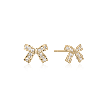 Goldene Schleifen-Ohrringe mit kleinen, runden Steinen von Støvring Design.