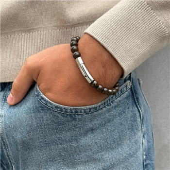Armbånd i stål med bronzite natursten og kors - 21 cm langt, von Blicher Fuglsang