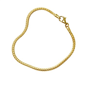 Golden bracelet with braided pattern, lobster clasp, elegant curve, on white background.