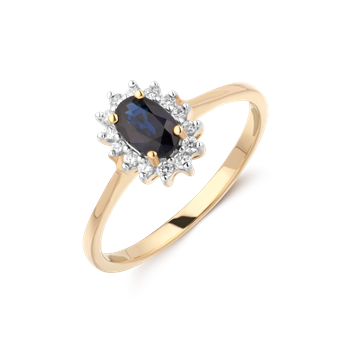 Eleganter Ring mit ovalem dunklen Stein, klaren Halo-Steinen und glatter, polierter Schiene.