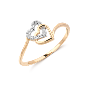 Goldring mit zwei verschlungenen Herzen, eines mit funkelnden Steinen, auf glatter Ringschiene.