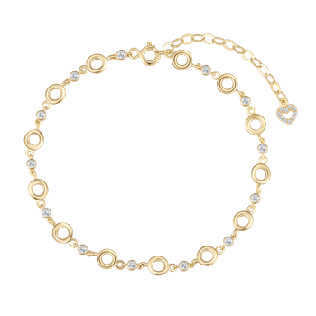 Goldenes Armband mit runden Gliedern, funkelnden Steinen und Herzanhänger an der Kette.