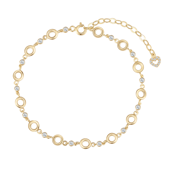 Goldenes Armband mit runden Gliedern, funkelnden Steinen und Herzanhänger an der Kette.