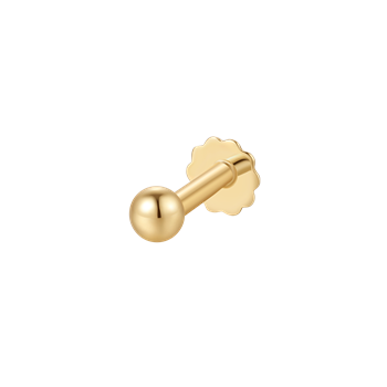 Goldenes Labret-Piercing mit kugelförmiger Vorderseite und blumenförmigem, glänzendem Rückteil.