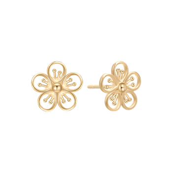Goldene Ohrringe mit blütenförmigem Design, glatter Mitte und polierter Oberfläche.
