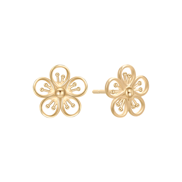 Goldene Ohrringe mit blütenförmigem Design, glatter Mitte und polierter Oberfläche.