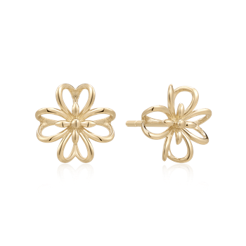Goldene Ohrringe mit floralem Design, mehrere Schlaufen bilden Blütenblätter um zentrales Element.