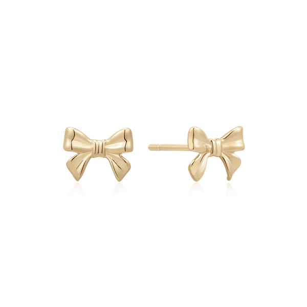 Goldene Ohrringe in Schleifenform mit glatter, glänzender Oberfläche. Symmetrisch und identisch.