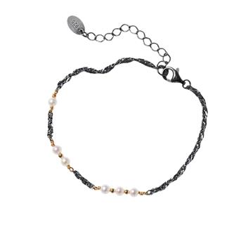 Armbånd & halskæde i sterlingsølv oxyderet/forgyldt med ferskvandsperler 42+8cm, von San - Links of Joy