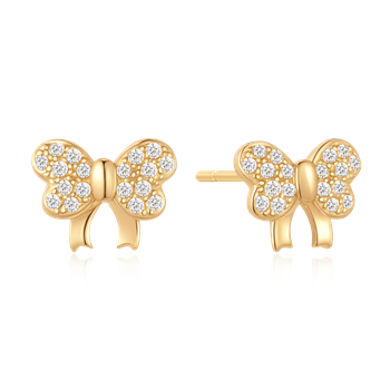 Goldfarbene Schleifen-Ohrringe mit klaren Steinen und Stiftverschluss, von Støvring Design.