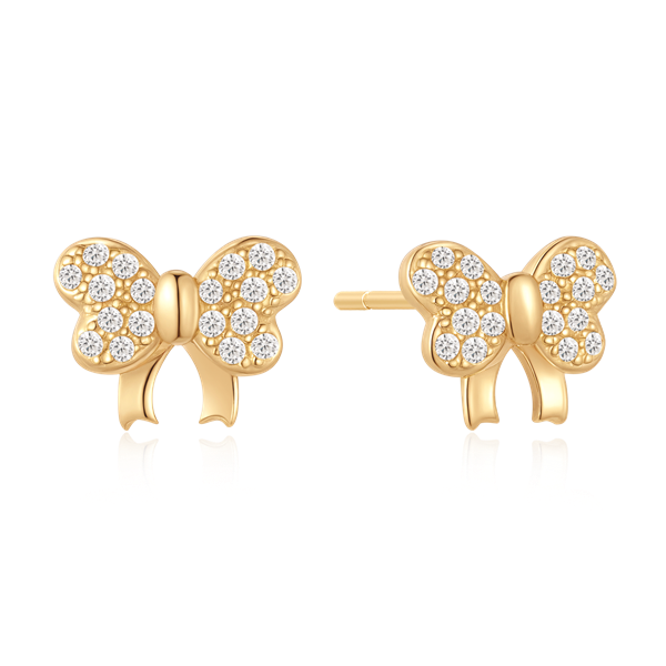 Goldfarbene Schleifen-Ohrringe mit klaren Steinen und Stiftverschluss, von Støvring Design.