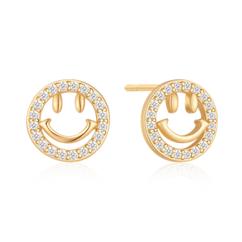 Goldene Smiley-Ohrringe mit glitzernden Steinen, kreisförmig angeordnet.