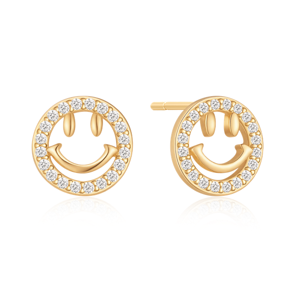 Goldene Smiley-Ohrringe mit glitzernden Steinen, kreisförmig angeordnet.