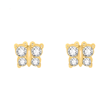 Goldfarbene Schmetterlingsohrringe mit je vier klaren, runden Steinen von Støvring Design.