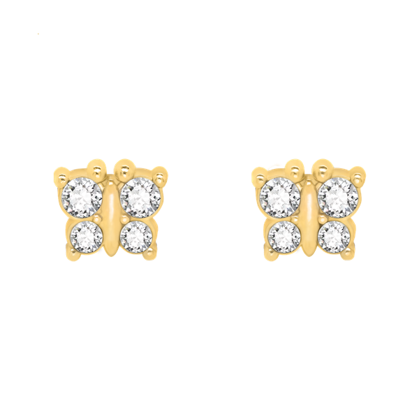 Goldfarbene Schmetterlingsohrringe mit je vier klaren, runden Steinen von Støvring Design.