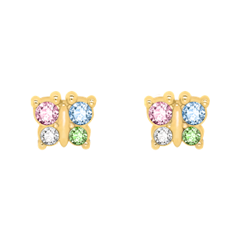 Paar goldfarbener Schmetterlingsohrringe mit rosa, blauen, weißen und grünen Steinen.