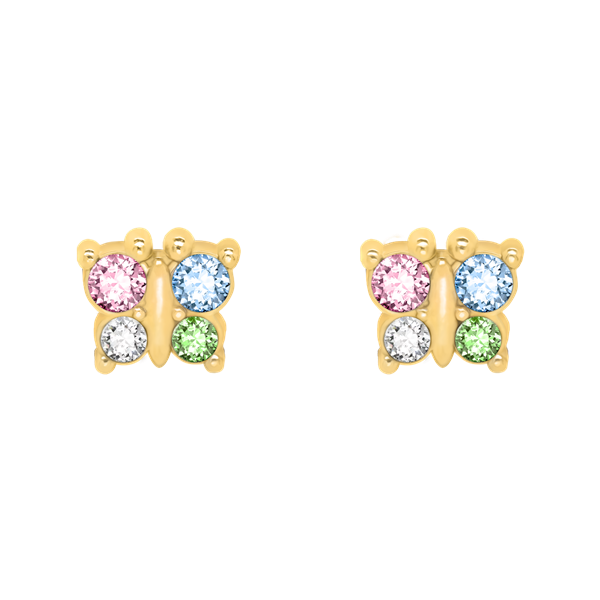 Paar goldfarbener Schmetterlingsohrringe mit rosa, blauen, weißen und grünen Steinen.
