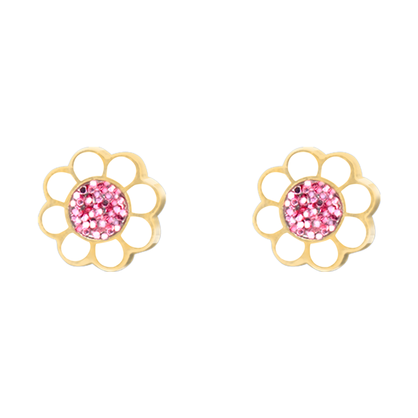 Blumenförmige Ohrringe mit goldenen Blütenblättern und rosa Steinchen im Zentrum.