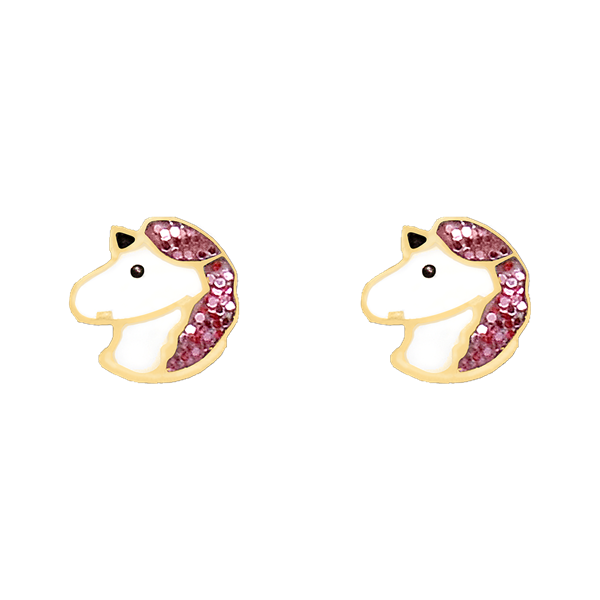 Goldene Einhorn-Ohrringe mit pinker glitzernder Mähne, von Støvring Design.