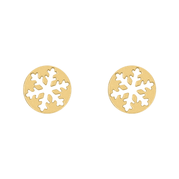 Runde, goldfarbene Ohrringe mit zentralem weißen Schneeflockenmuster von Støvring Design.