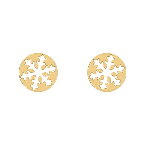 Runde, goldfarbene Ohrringe mit zentralem weißen Schneeflockenmuster von Støvring Design.
