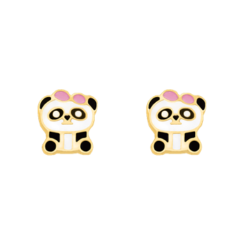 Panda-Ohrringe mit rosa Schleife, schwarz-weiß gefärbt und goldumrandet, von Støvring Design.