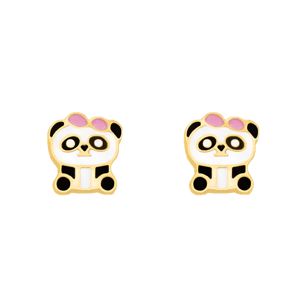 Panda-Ohrringe mit rosa Schleife, schwarz-weiß gefärbt und goldumrandet, von Støvring Design.