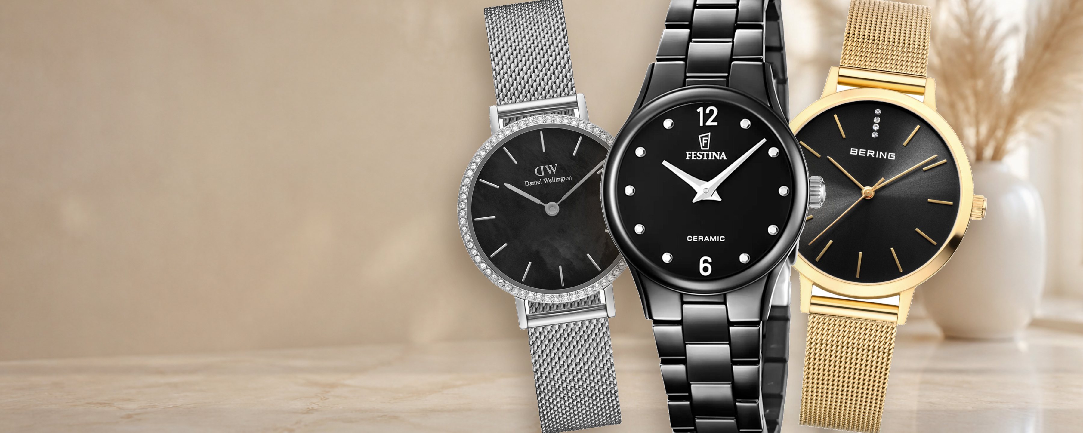 Schwarze Damenuhren von Daniel Wellington, Festina und Bering